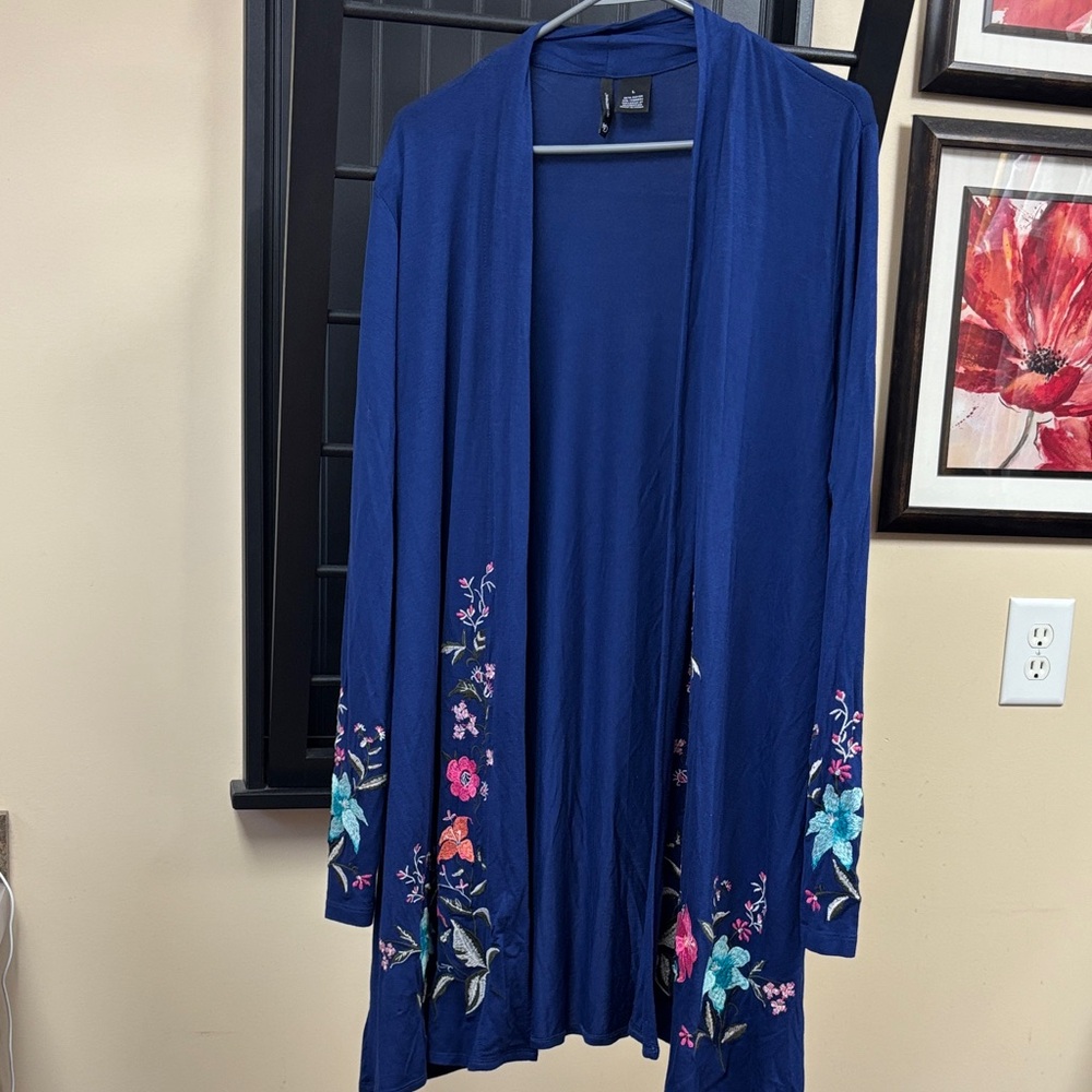 New Directions Navy Long Cardigan with Embroidered Flowers